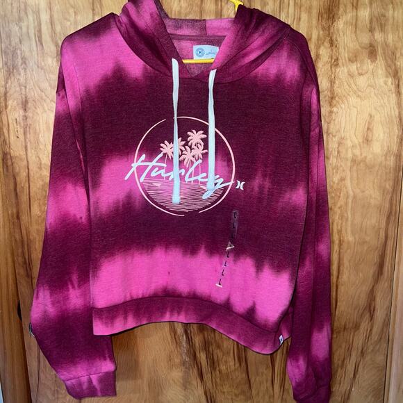Hurley Sweaters - NWT Maroon Pink Striped Tie Dye Hurley Palm Tree Hoodie  Cropped Size Large